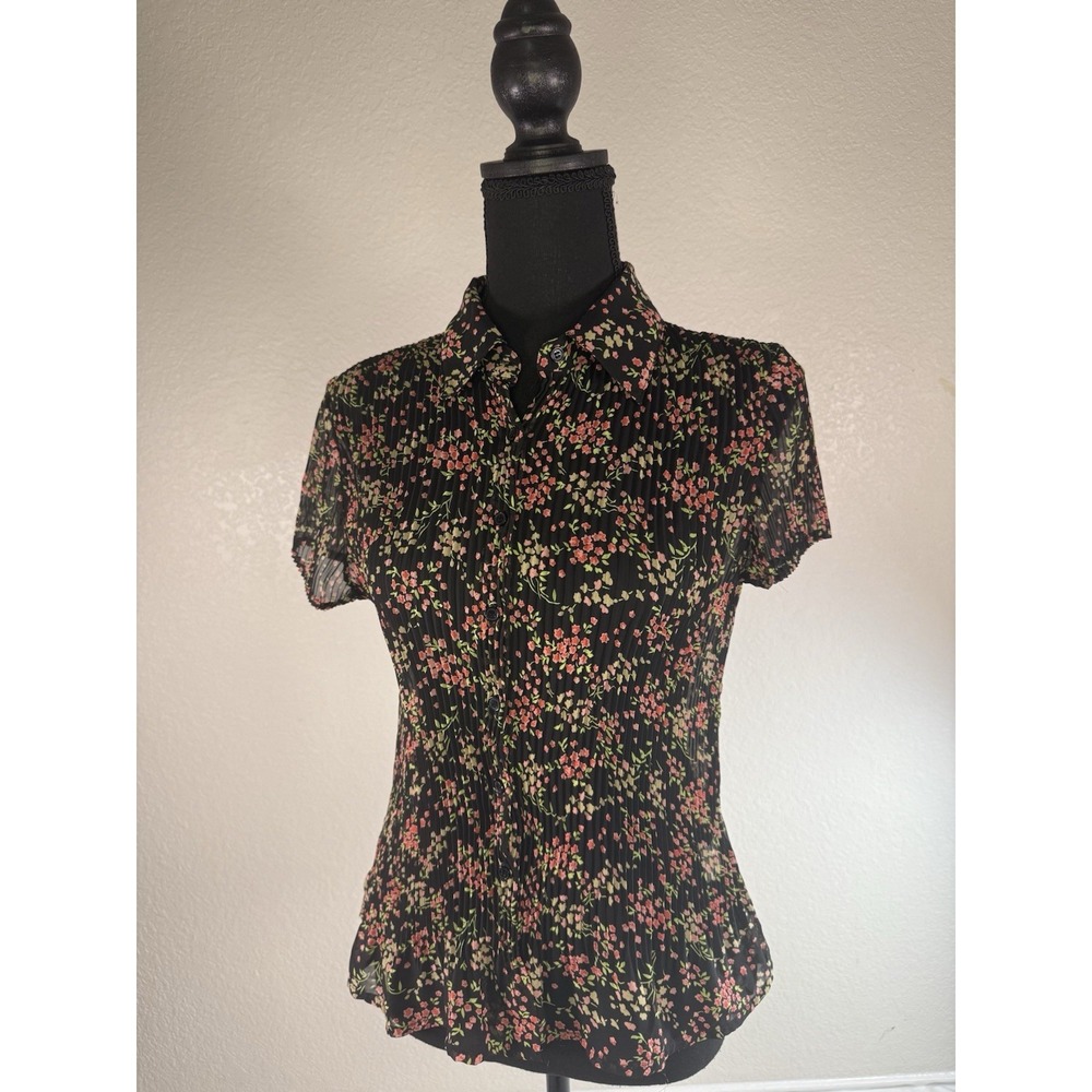 Apt. 9 Black Floral Brown Button Down Petite‎ Small Y2K Sheer